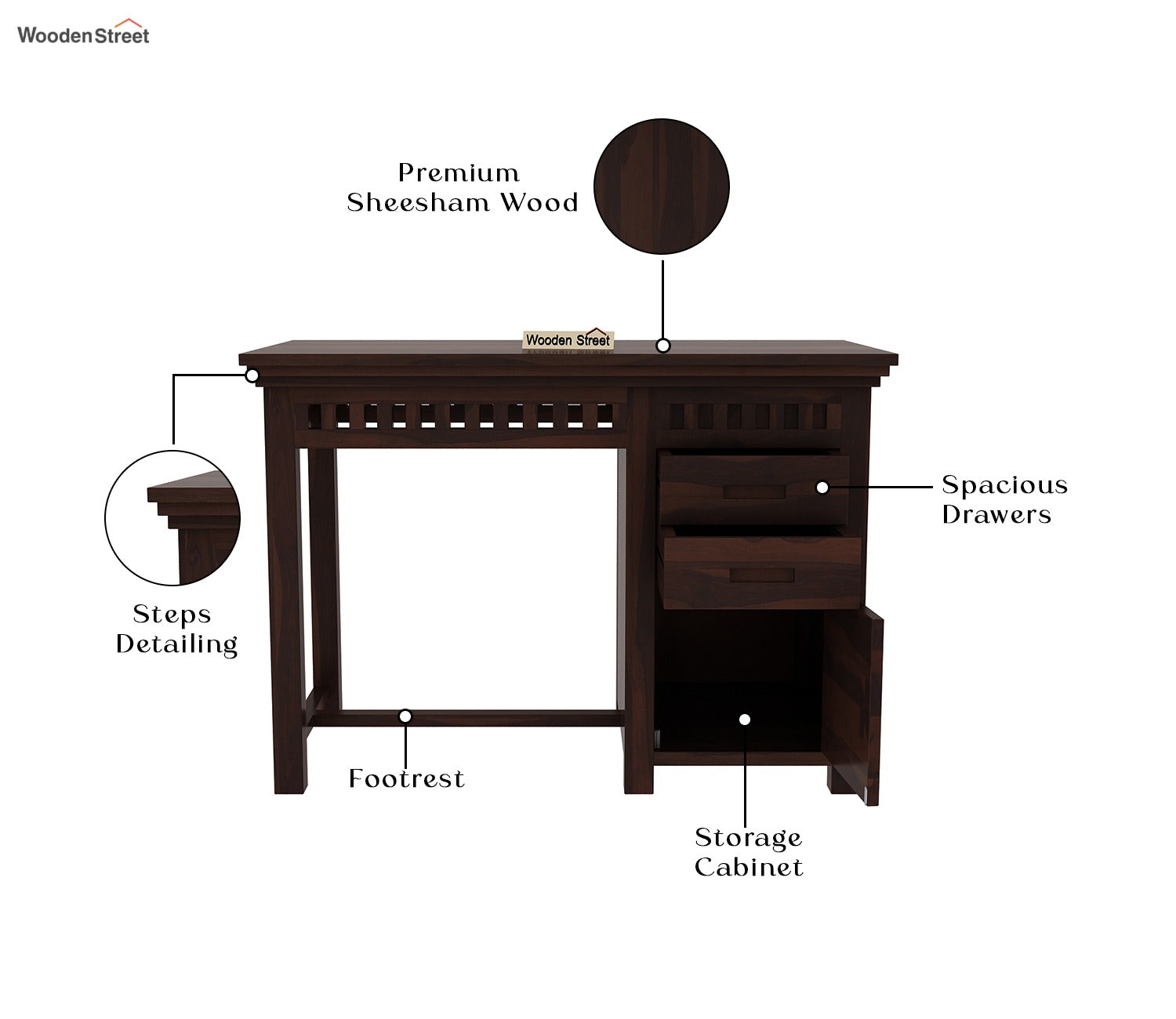 Adolph Study Table with Pull Out Drawers and Cabinet (Walnut Finish)