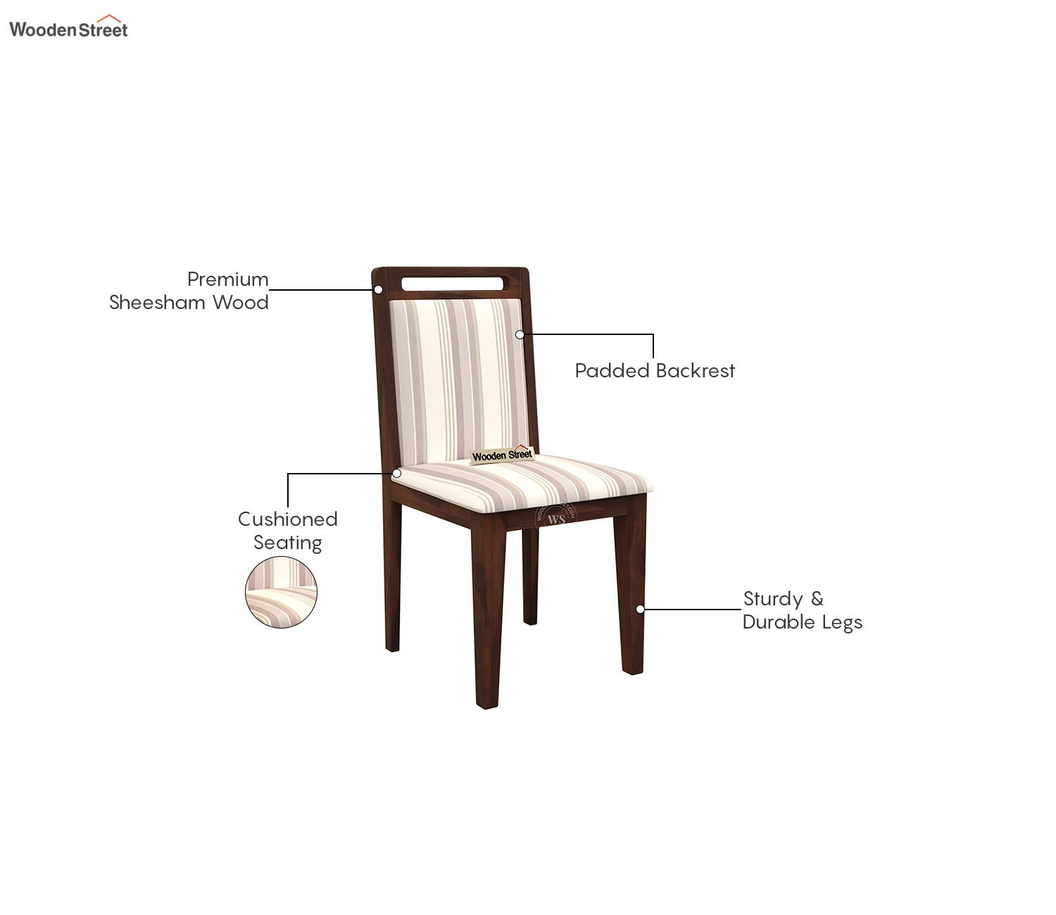 Hazel Sheesham Wood Dining Chair - Set of 1 (Cotton, Walnut Cream Stripe)