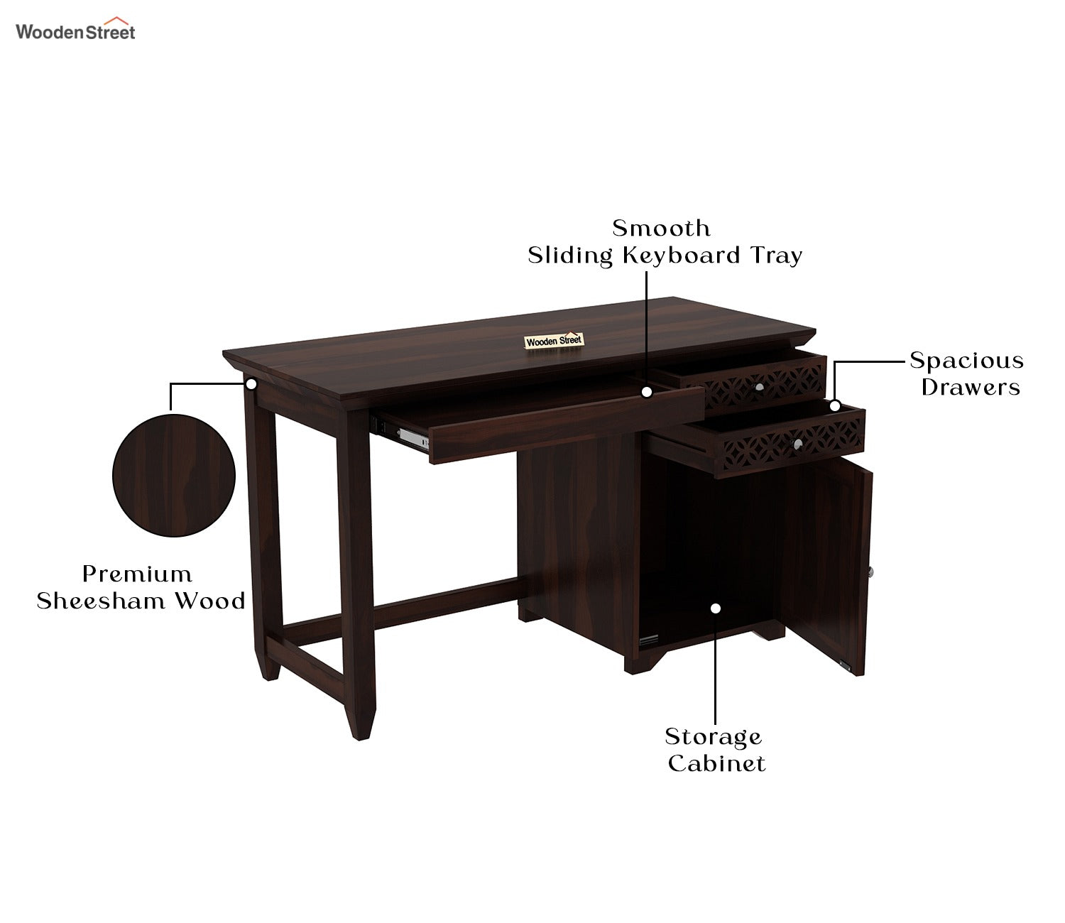 Cambrey Study Table with Two Drawers and Cabinet (Walnut Finish)