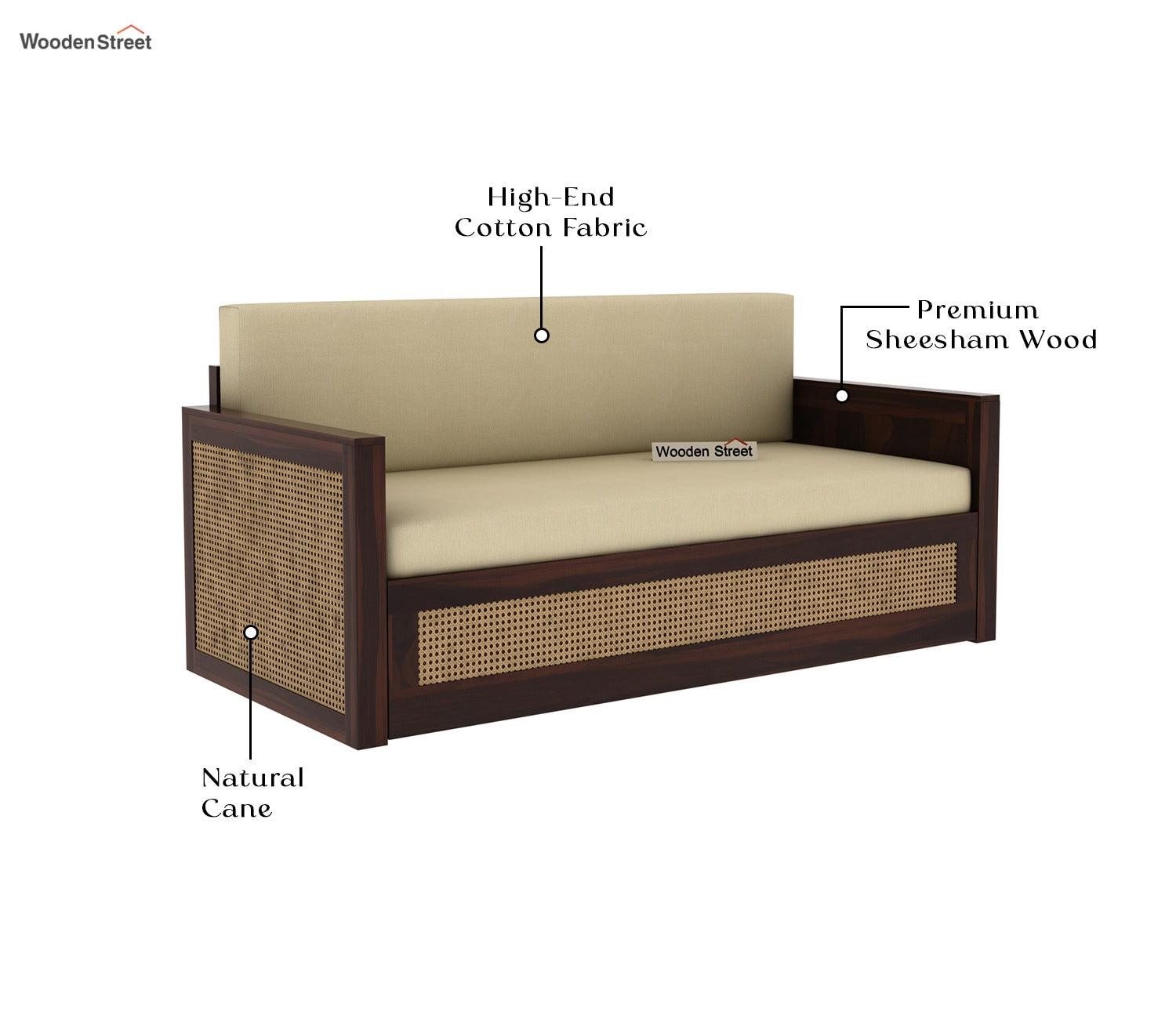 Walder Sheesham Wood 3 Seater Sofa Cum Bed with Cane (King Size, Walnut Irish Cream)
