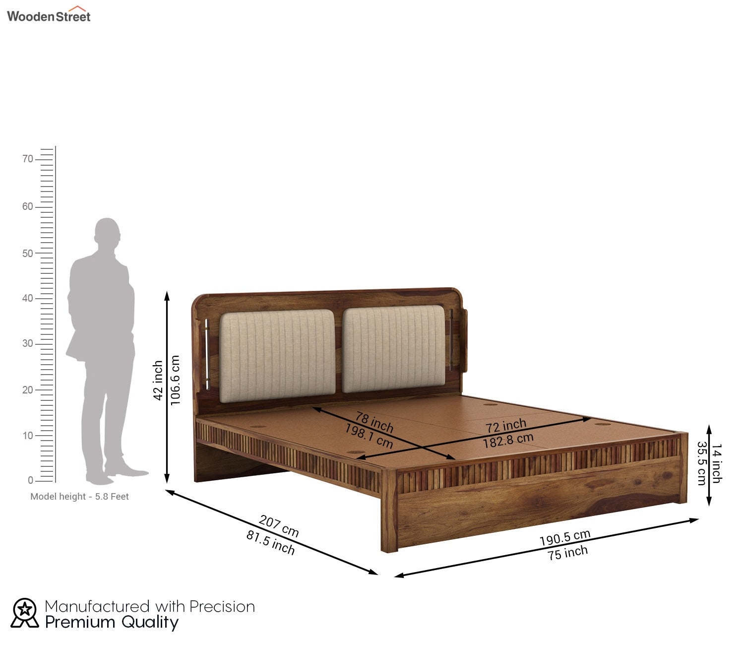 Lotus Premium Sheesham Wood Bed without Storage (King Size, Teak Finish)