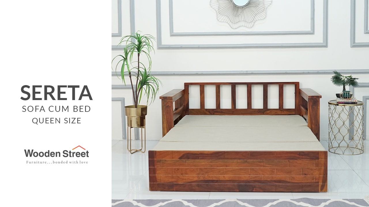 Sereta Sheesham Wood Sofa Cum Bed (Queen Size, Honey Finish)