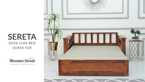 Sereta Sheesham Wood Sofa Cum Bed (Queen Size, Honey Finish)
